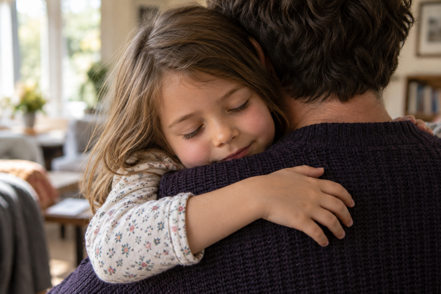 A child resting in a parent's embrace